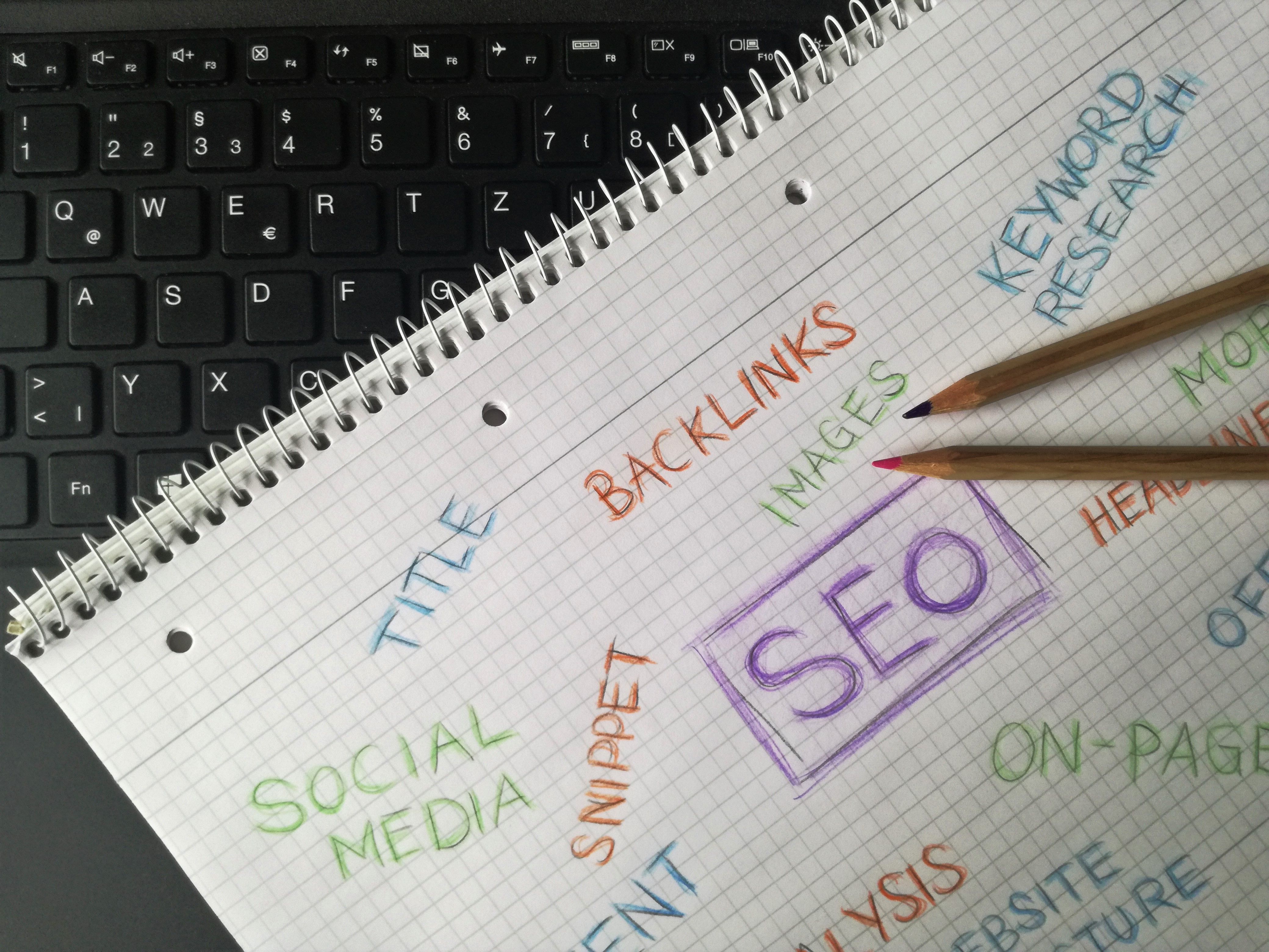 Notebook with SEO keywords and terms highlighting a backlink strategy